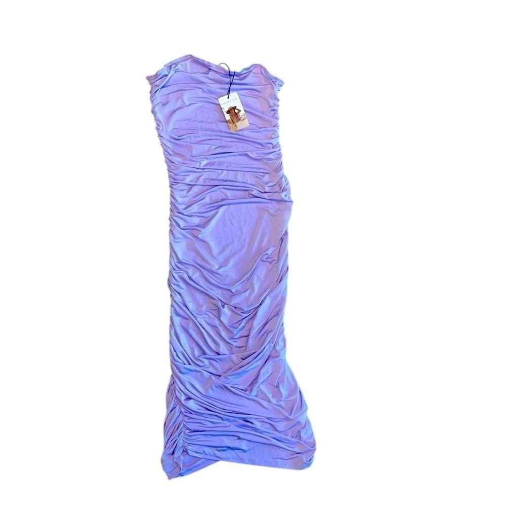 Sincerely Jules Lavender Ruch Bodycon Dress Strapless Evening Cocktail Party E1